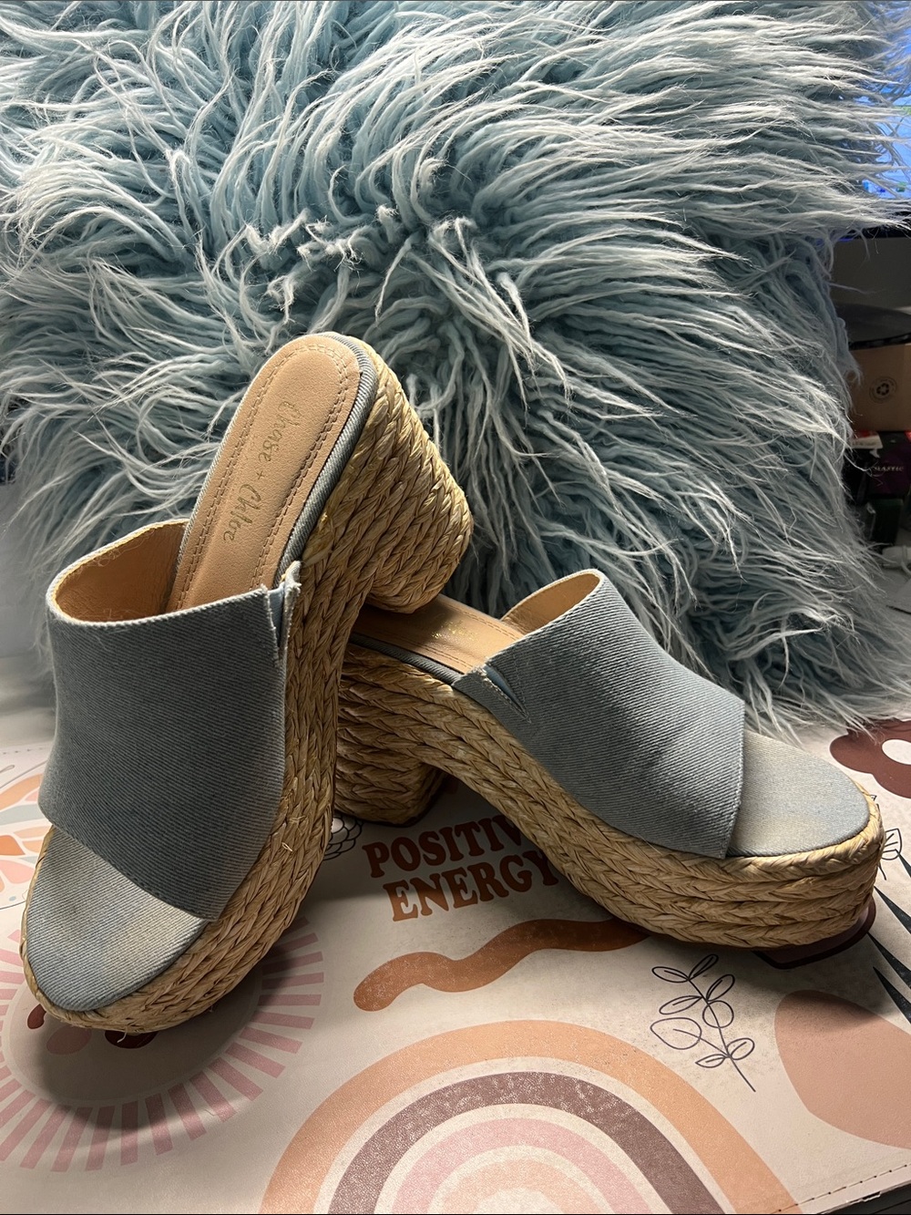 Chase + Chloe Light Blue Denim Espadrille Platform Wedge Slides